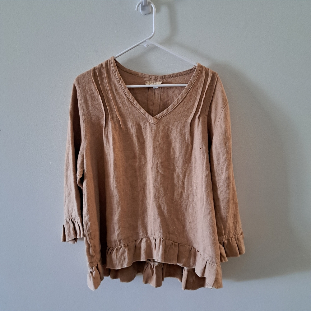 Heart's Desire by Mary Grace Women's Linen Tan Ruffle Pullover Tunic Sz M